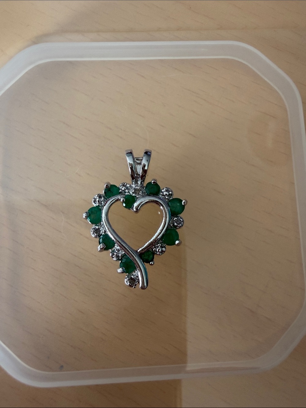Silver Heart Pendant Necklace with Green Crystal Accents